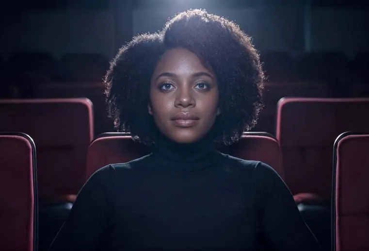 Une spectatrice assise seule dans une salle de cinéma aux fauteuils rouges, éclairée par le projecteur
