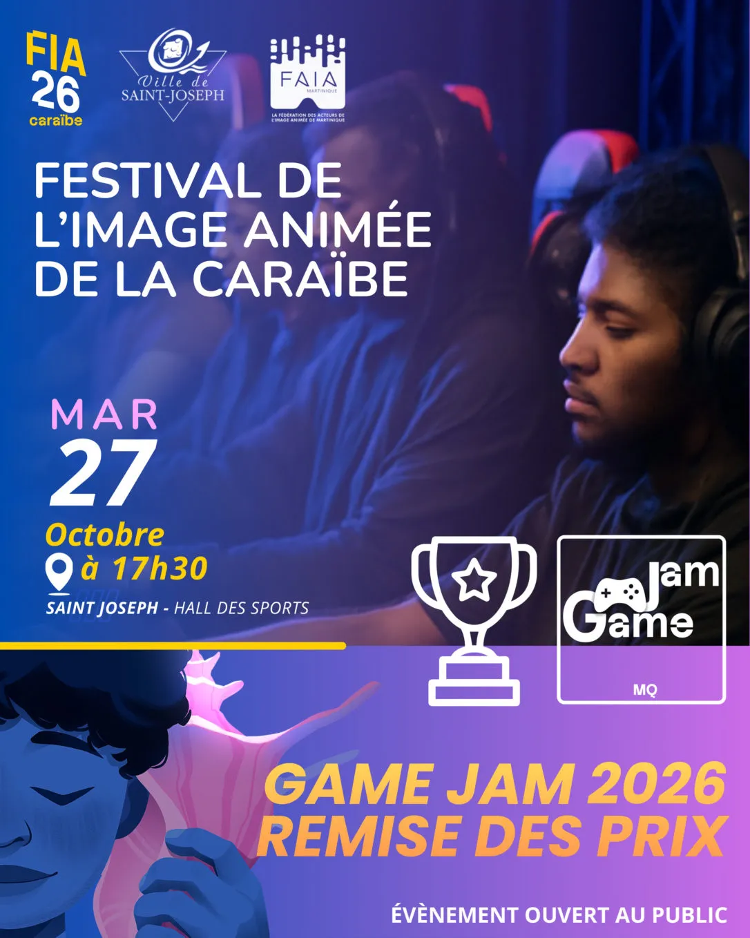 Visuel du FIA 26 : « Game Jam 2026, remise des prix », mardi 27 octobre à 17 h 30, avec un trophée et le logo Game Jam MQ