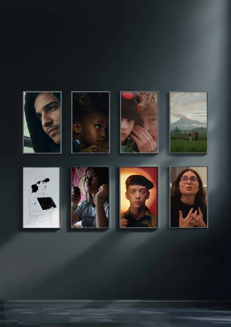 Huit images de films de la Semaine de la Critique accrochées à un mur, comme dans une galerie
